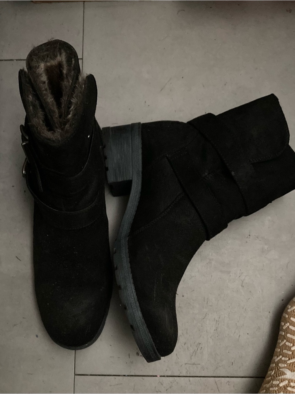 White Mountain Black Faux Suede Ankle Combat Boots with Fur Trim